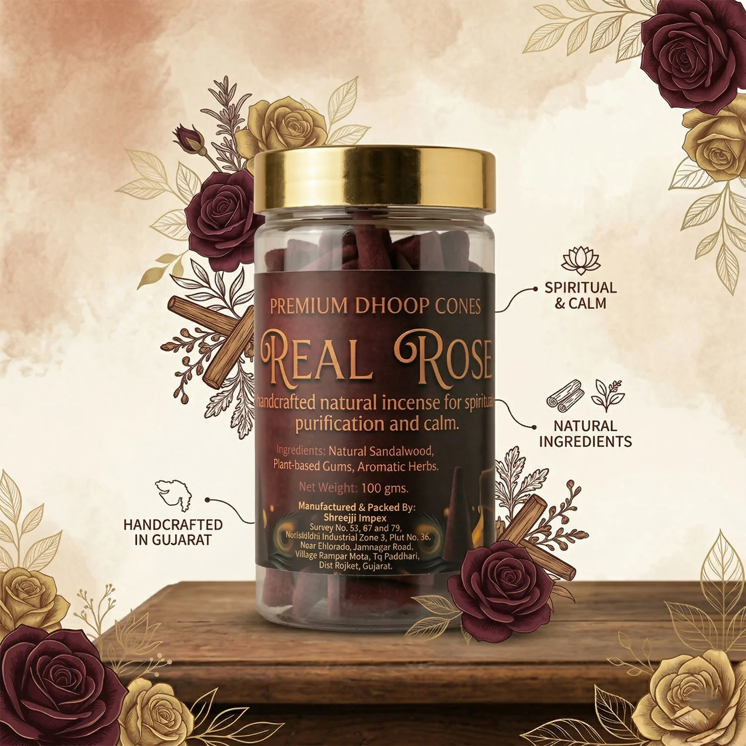 Real Rose Premium Dhoop Cones Natural Incense Cones for Spiritual Purification & Long Lasting Aroma (100Gm) - Image 2