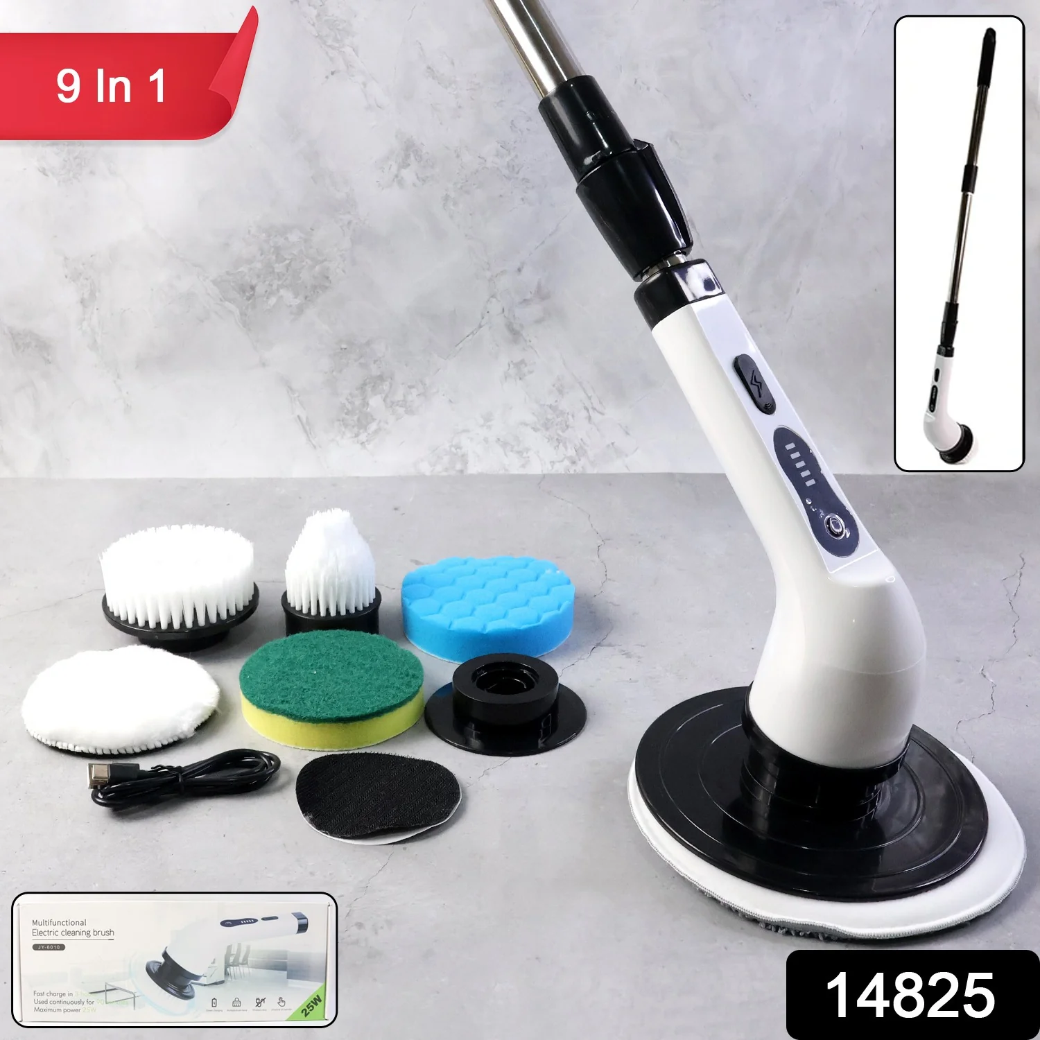 9 In 1 Rechargeable Electric Spin Scrubber with Telescopic Handle (1 Set) - Image 2