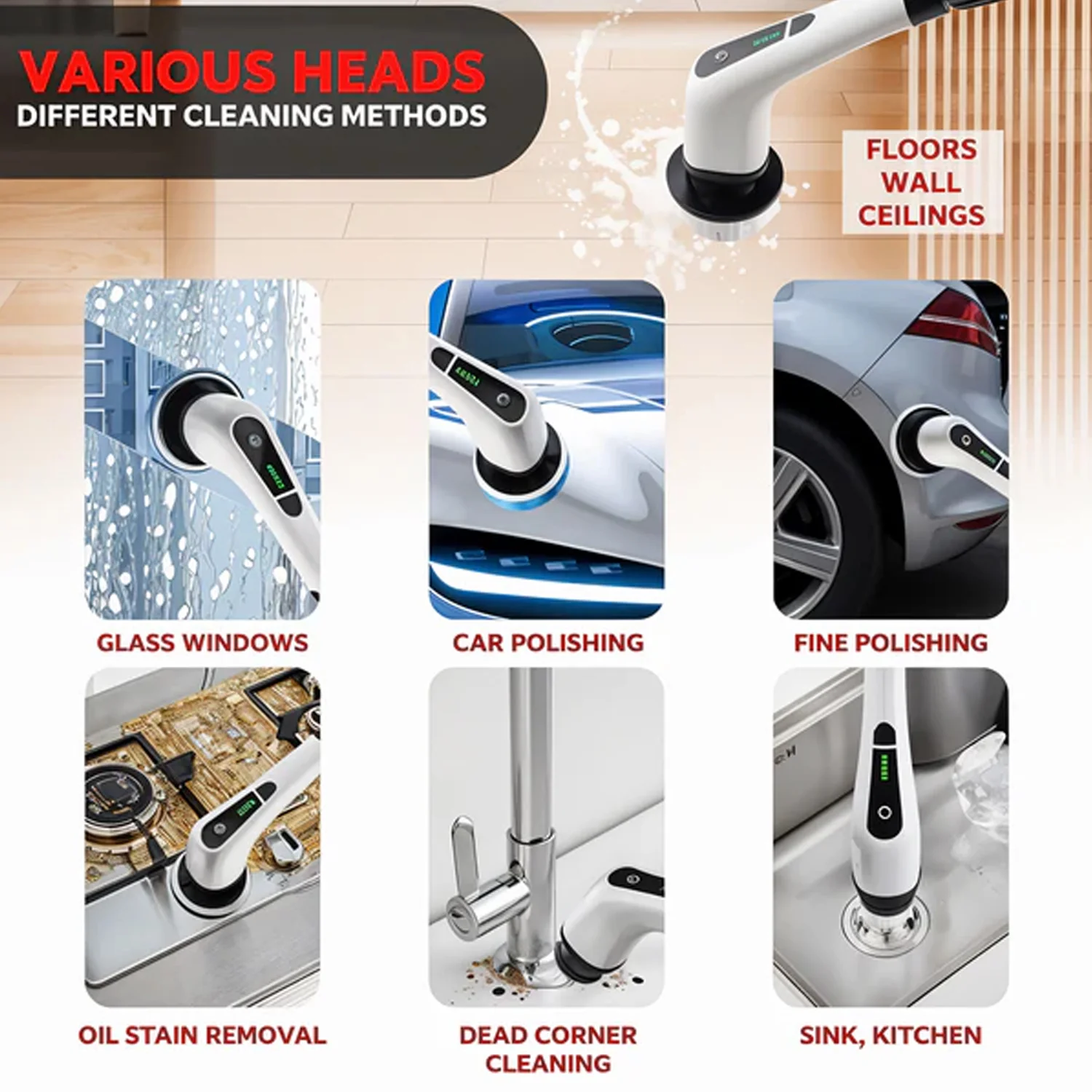 9 In 1 Rechargeable Electric Spin Scrubber with Telescopic Handle (1 Set) - Image 3