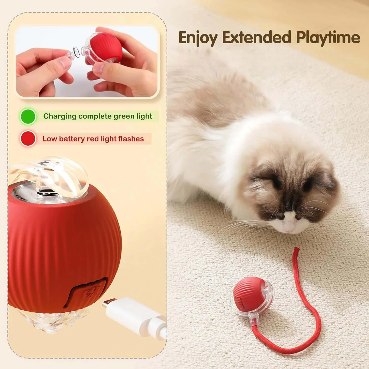 Rechargeable Interactive Cat Toy Ball with Detachable Tail and LED Light (1 Pc) - Image 3