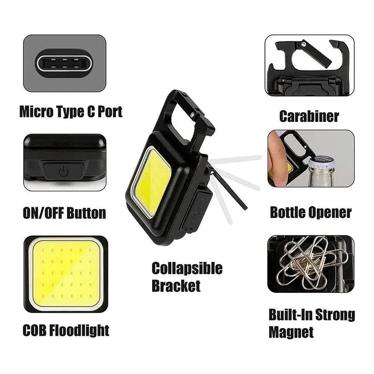 Mini Rechargeable Keychain Flashlight - 4 Light Modes Folding Bracket & Magnetic Base - Image 5