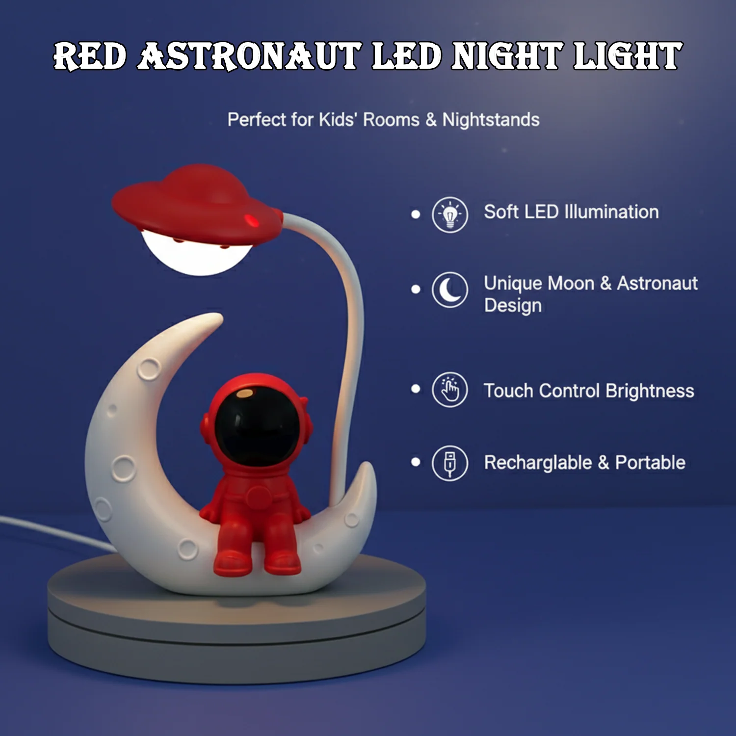 Red Astronaut Moon LED Night Lamp with Touch Control, USB Rechargeable - Image 3