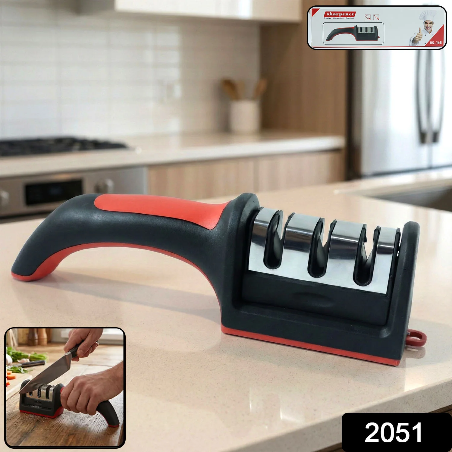 Manual Red & Black Knife Sharpener – 3-Stage Tool for Ceramic & Steel Knives - Image 2