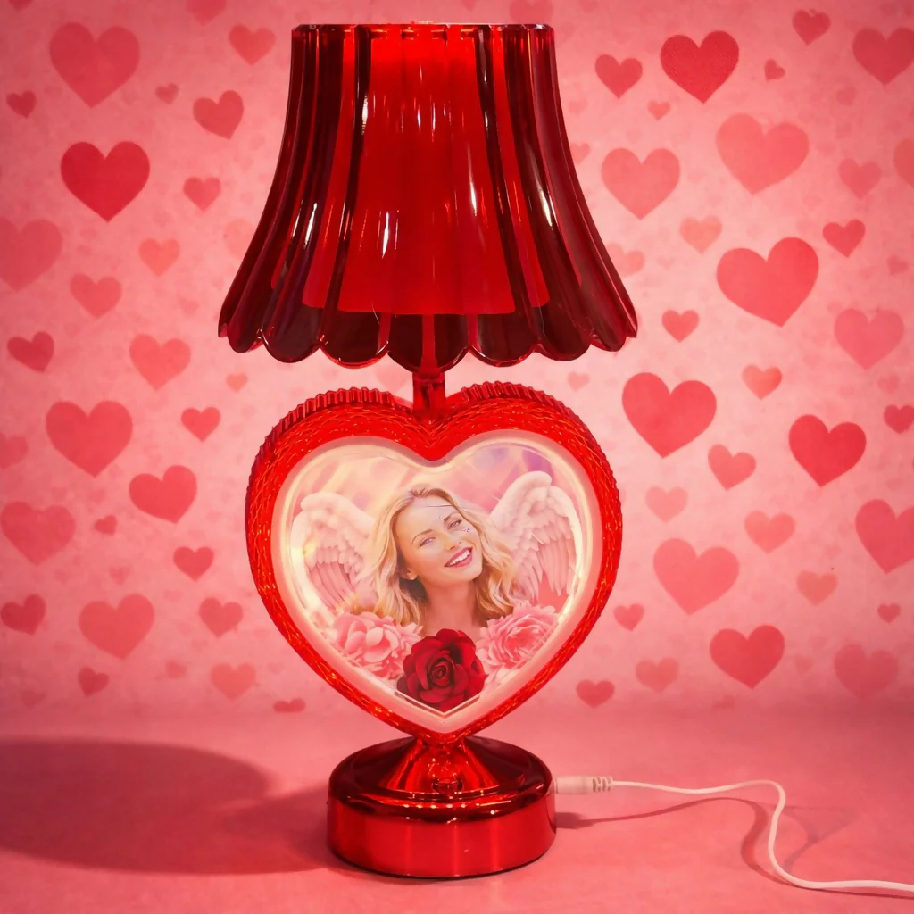 Red Heart Shape Photo Table Lamp with Shade for Bedroom, Side Table & Gift Decor - Image 2