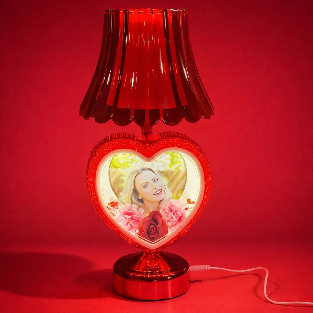 Red Heart Shape Photo Table Lamp with Shade for Bedroom, Side Table & Gift Decor - Image 3