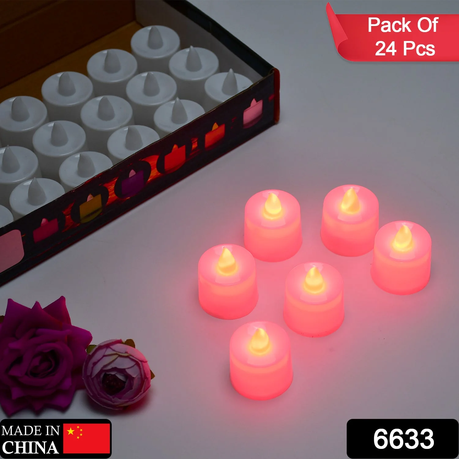 Red LED Tealights Smokeless Flameless Candles for Home Decor, Diwali (24 Pcs) - Image 2