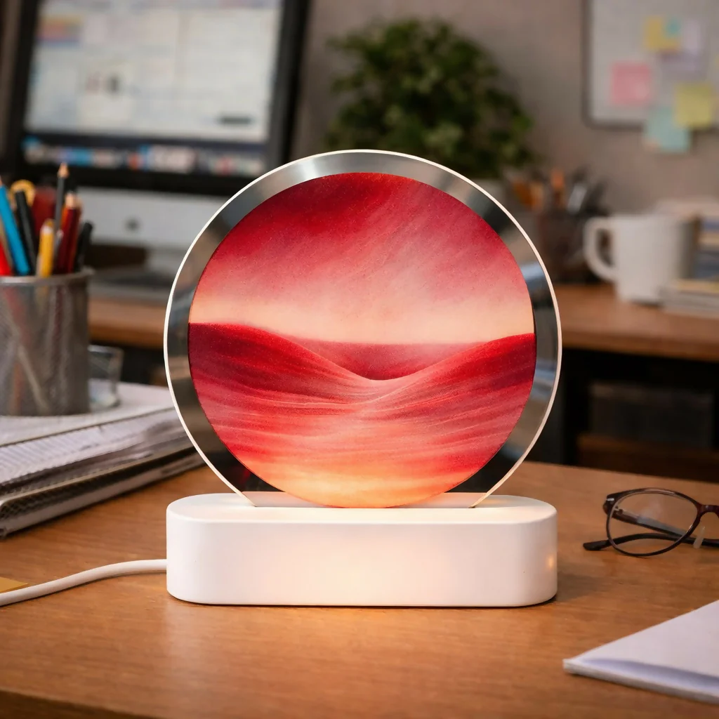 Red Moving Sand Art LED Lamp Round Decorative Desk Night Light - Image 2
