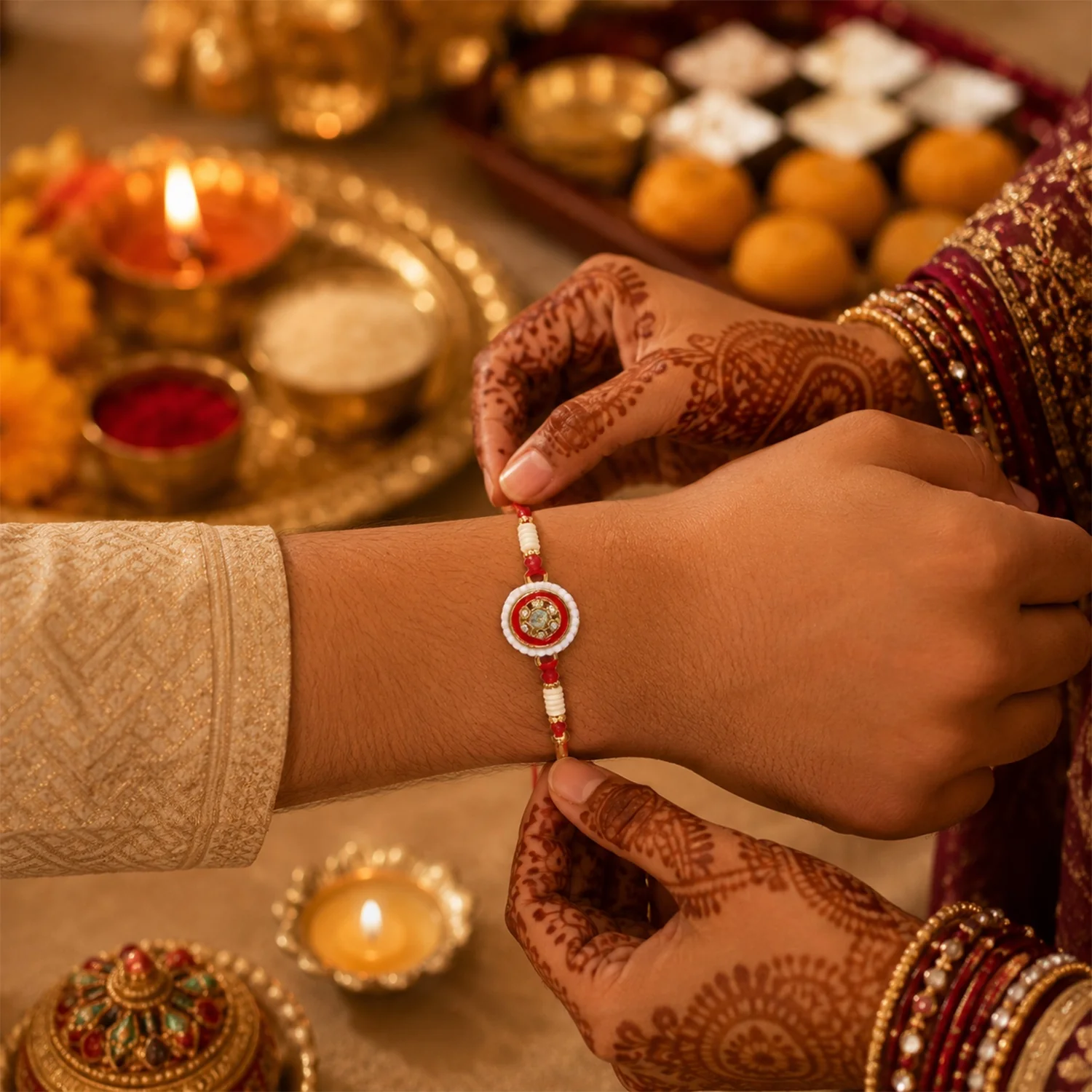 Red Round Kundan Pearl Border Rakhi - Image 3