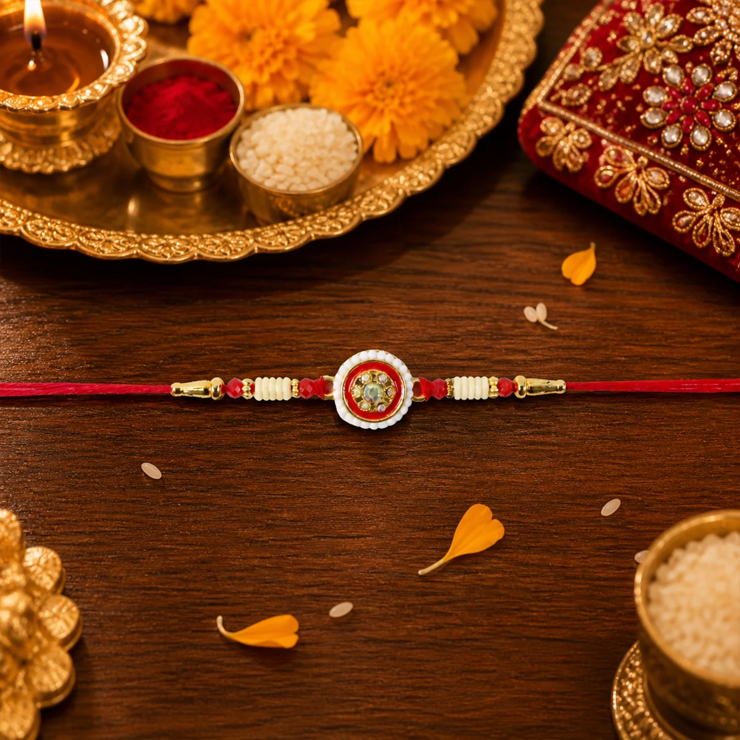 Red Round Kundan Pearl Border Rakhi - Image 4