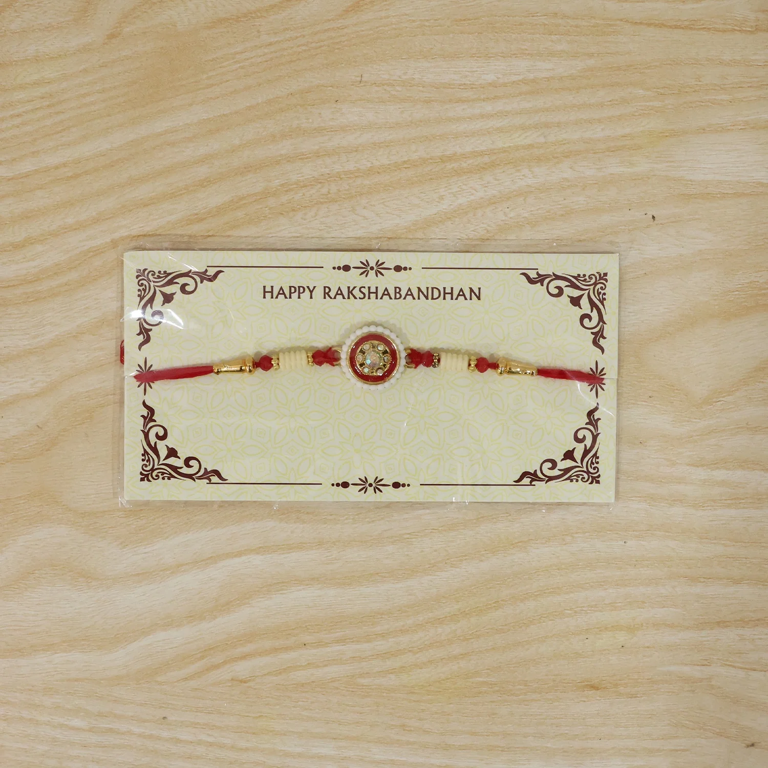 Red Round Kundan Pearl Border Rakhi - Image 7