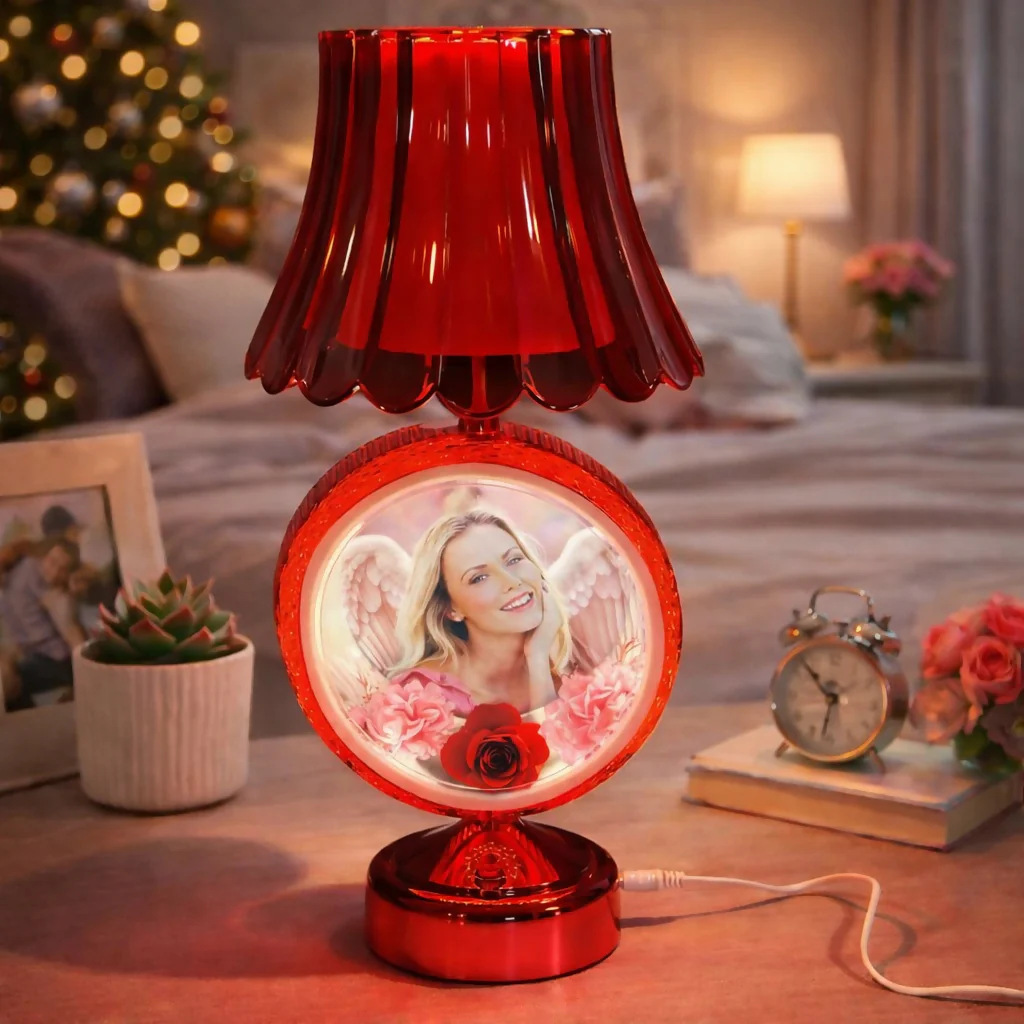 Red Round Photo Table Lamp with Shade for Bedroom, Side Table & Gift Decor