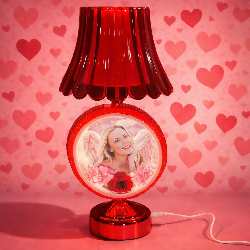 Red Round Photo Table Lamp with Shade for Bedroom, Side Table & Gift Decor - Image 2