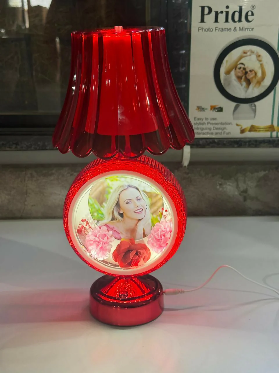 Red Round Photo Table Lamp with Shade for Bedroom, Side Table & Gift Decor - Image 4