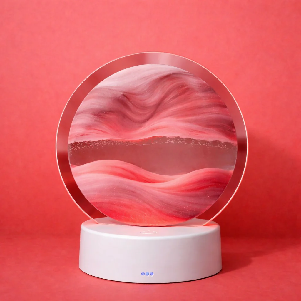 Red Sand Round LED Acrylic Table Lamp with Abstract Art Design - Image 2