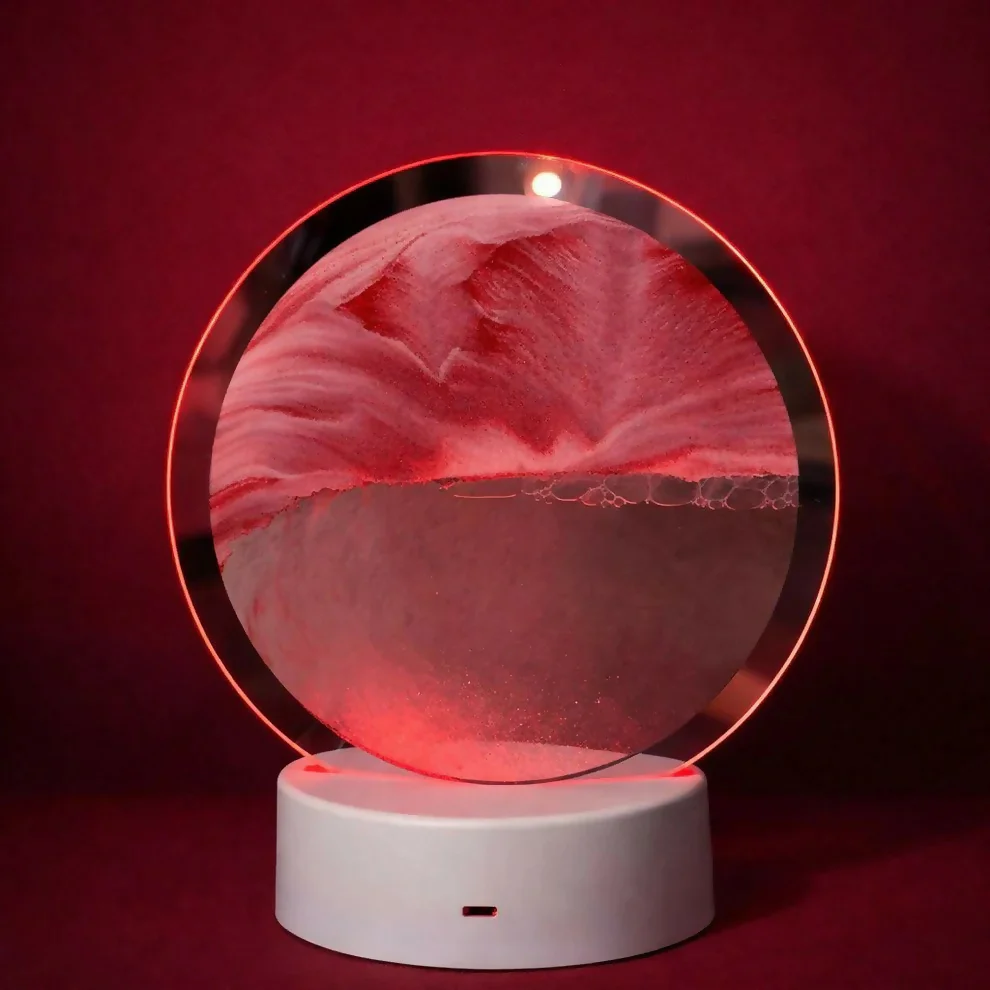 Red Sand Round LED Acrylic Table Lamp with Abstract Art Design - Image 3