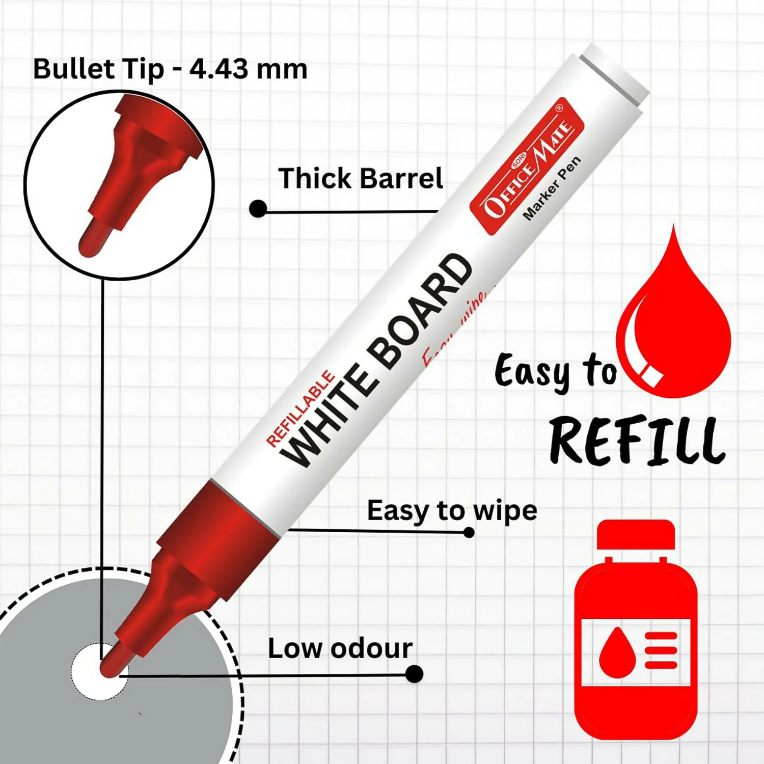 Refillable Red Whiteboard Marker Pen Set of 10 with Bullet Tip for Office, School & Teaching Use - Image 2