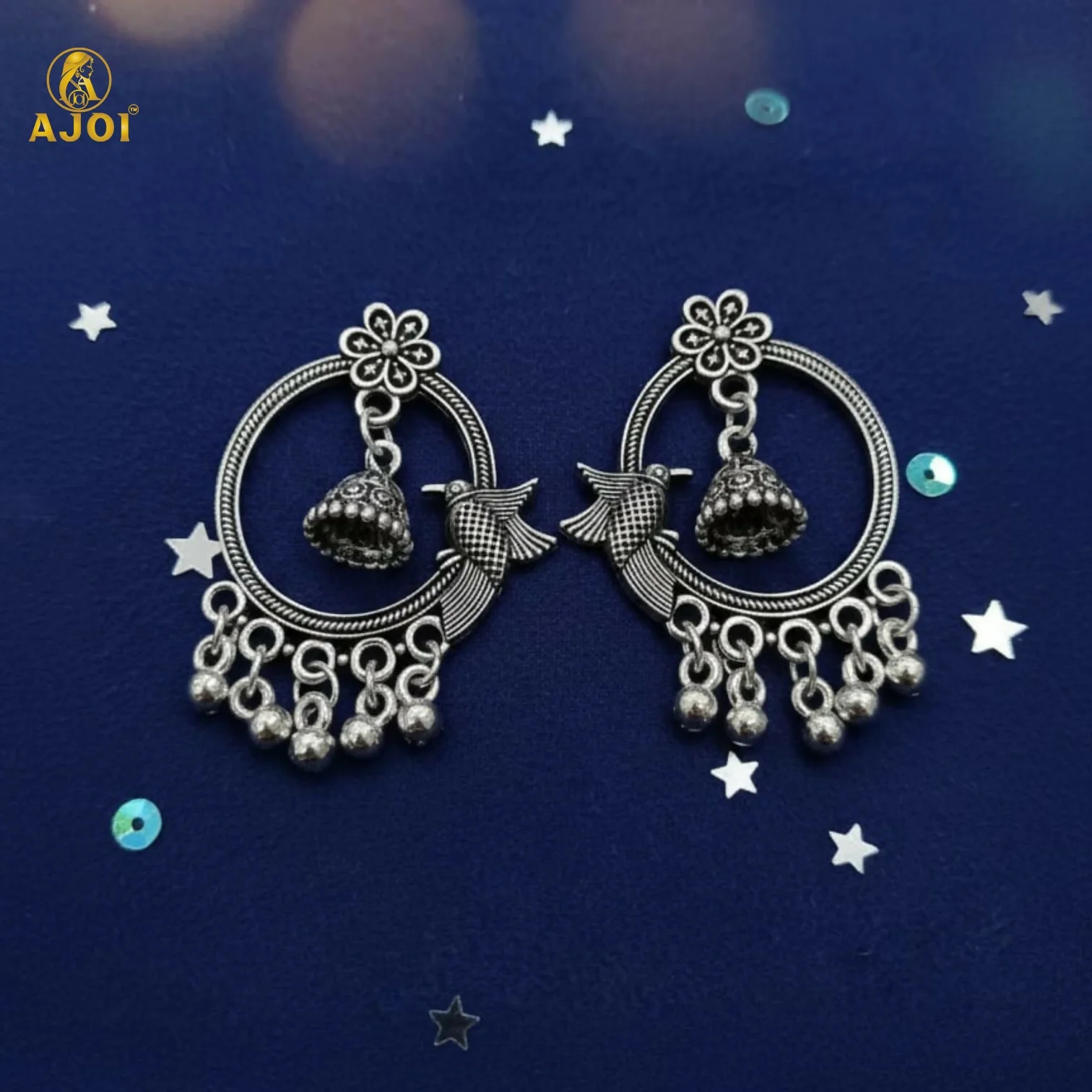 Regal Bird Motif Oxidized Silver Chandbali Earrings