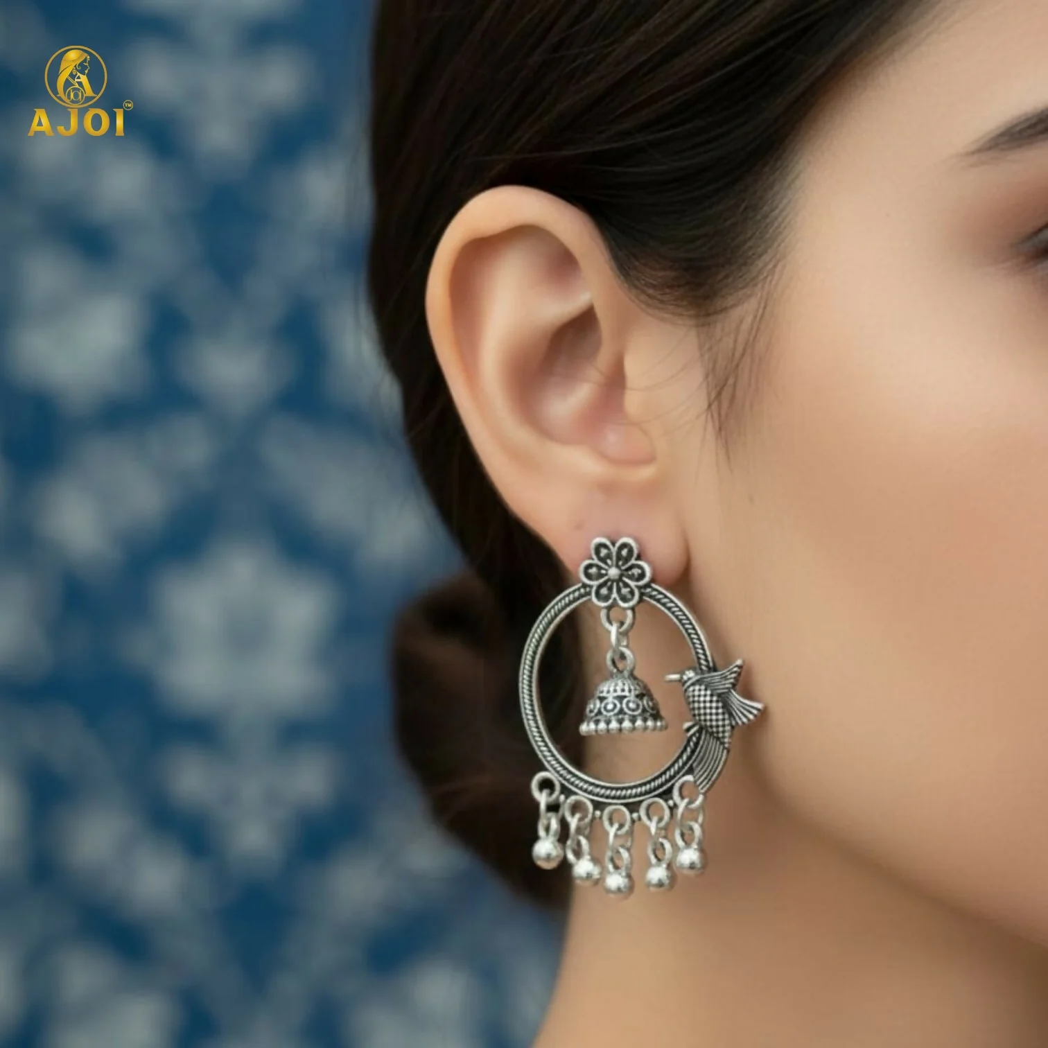 Regal Bird Motif Oxidized Silver Chandbali Earrings - Image 2