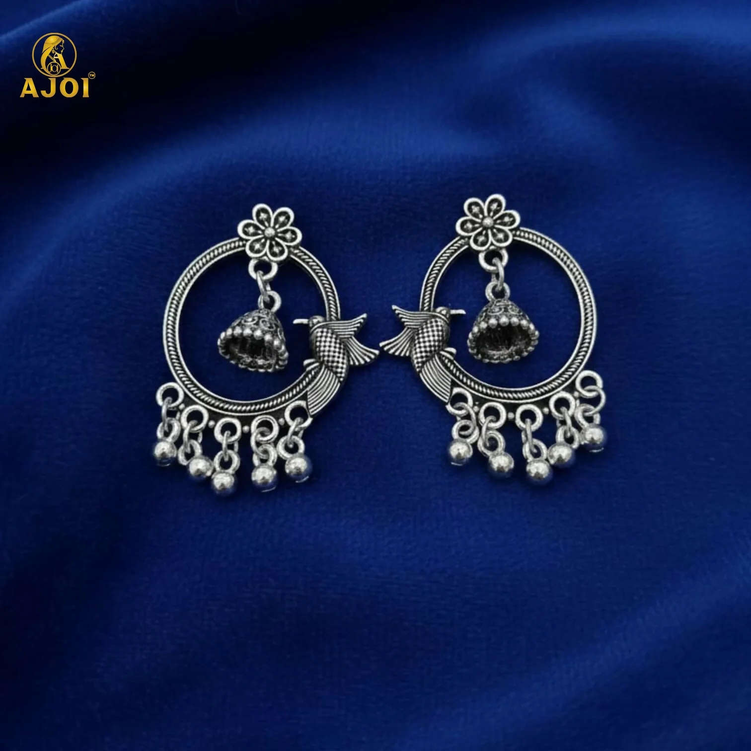 Regal Bird Motif Oxidized Silver Chandbali Earrings - Image 3