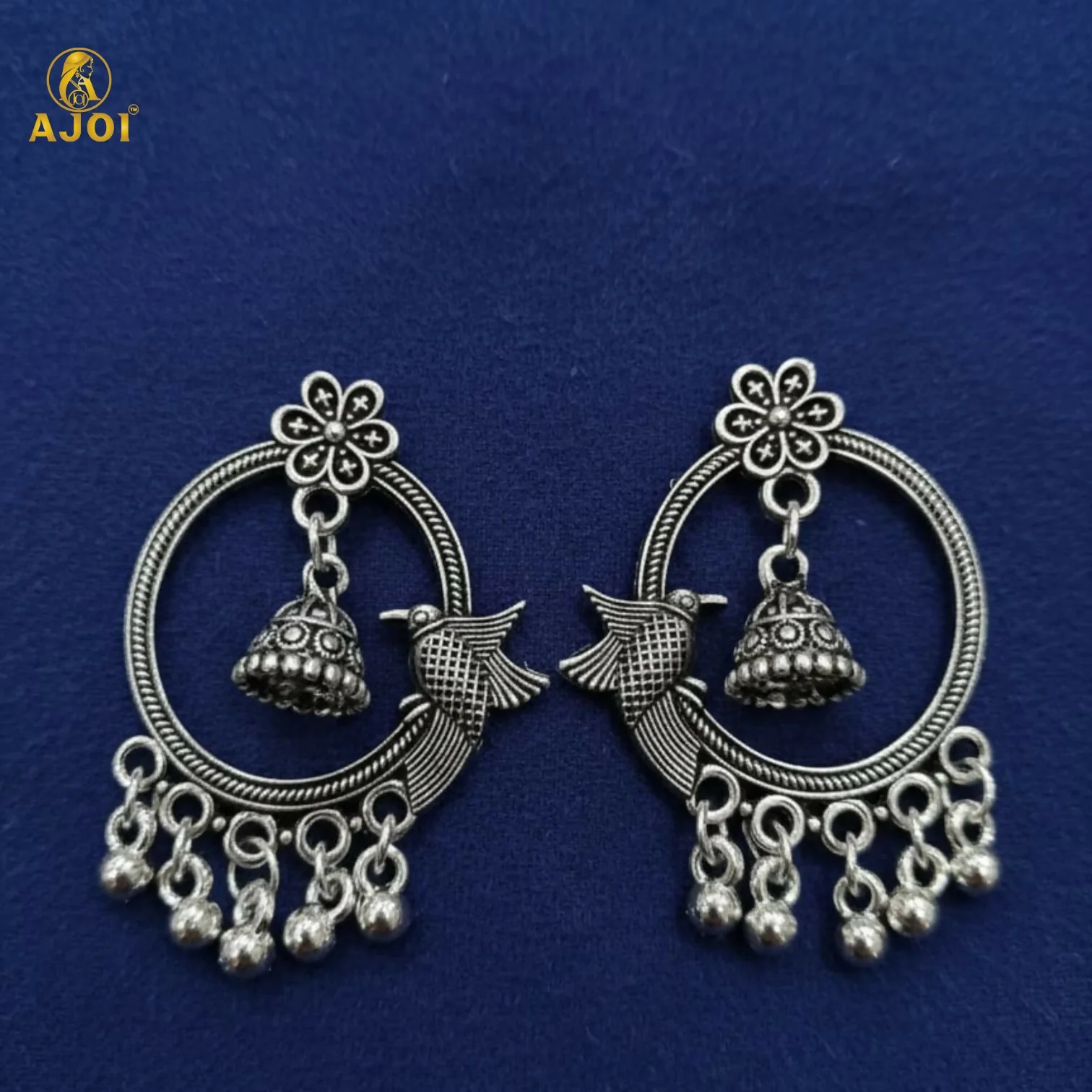 Regal Bird Motif Oxidized Silver Chandbali Earrings - Image 4