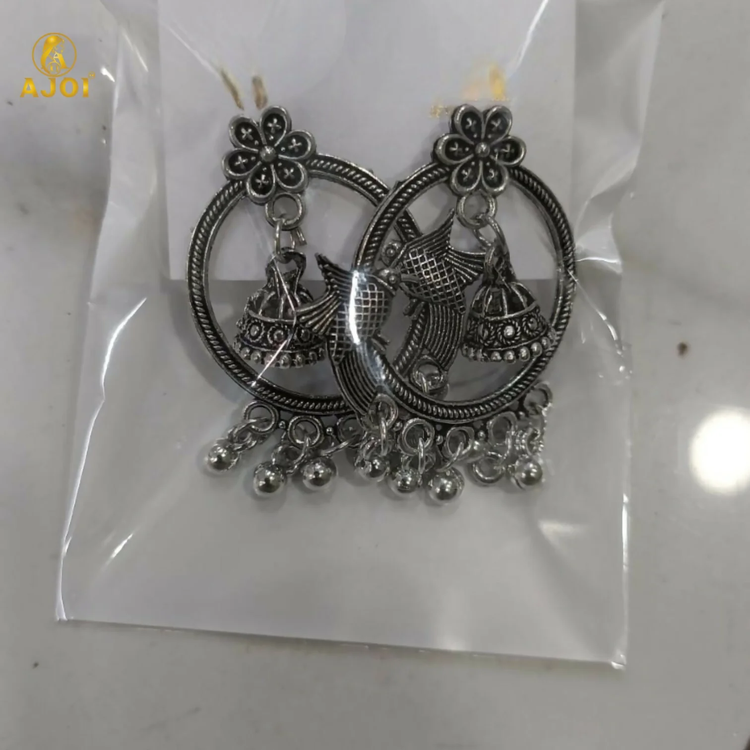 Regal Bird Motif Oxidized Silver Chandbali Earrings - Image 5