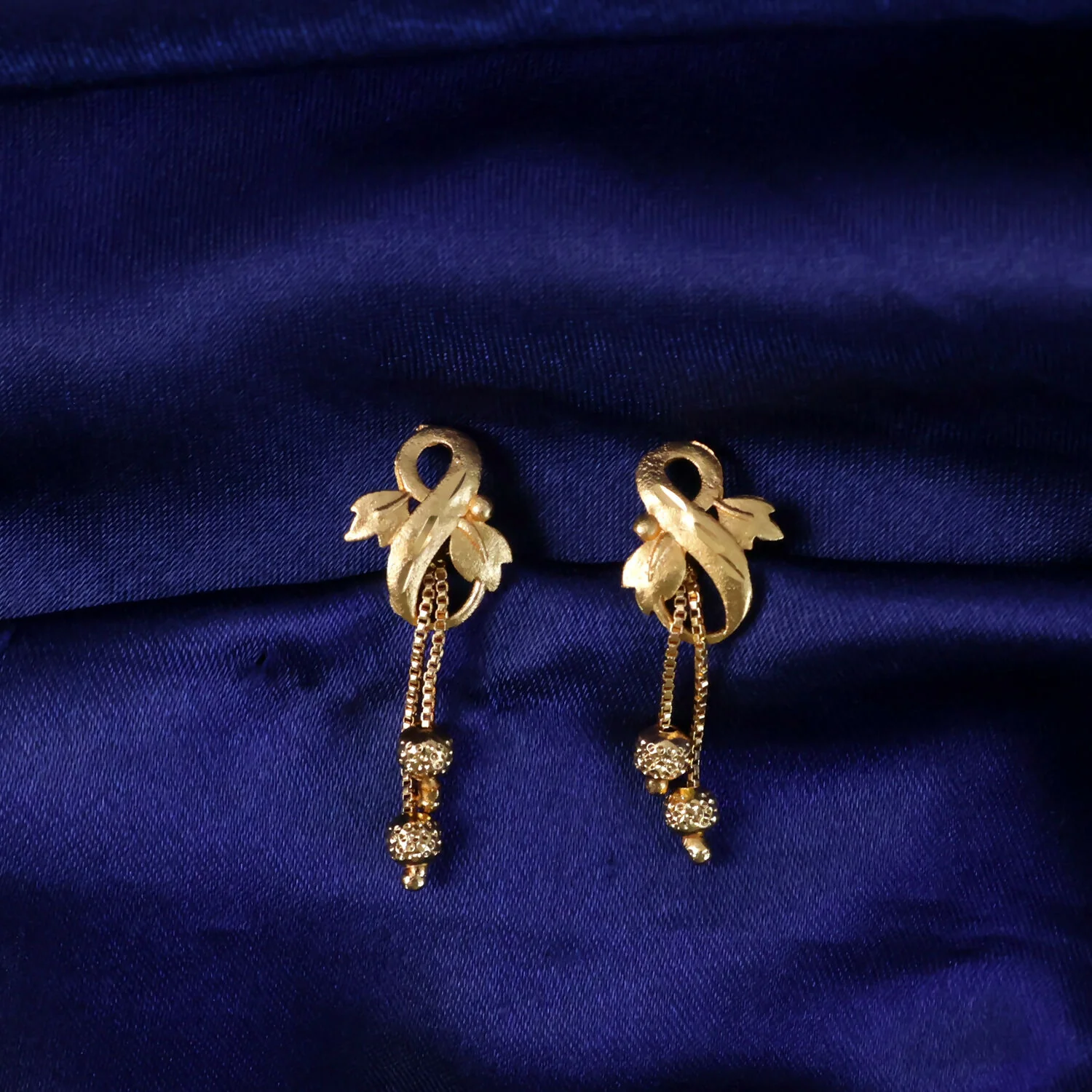 Regal Botanical Motif Gold Drop Earrings with Cascading Chain Bead Accents - Image 2