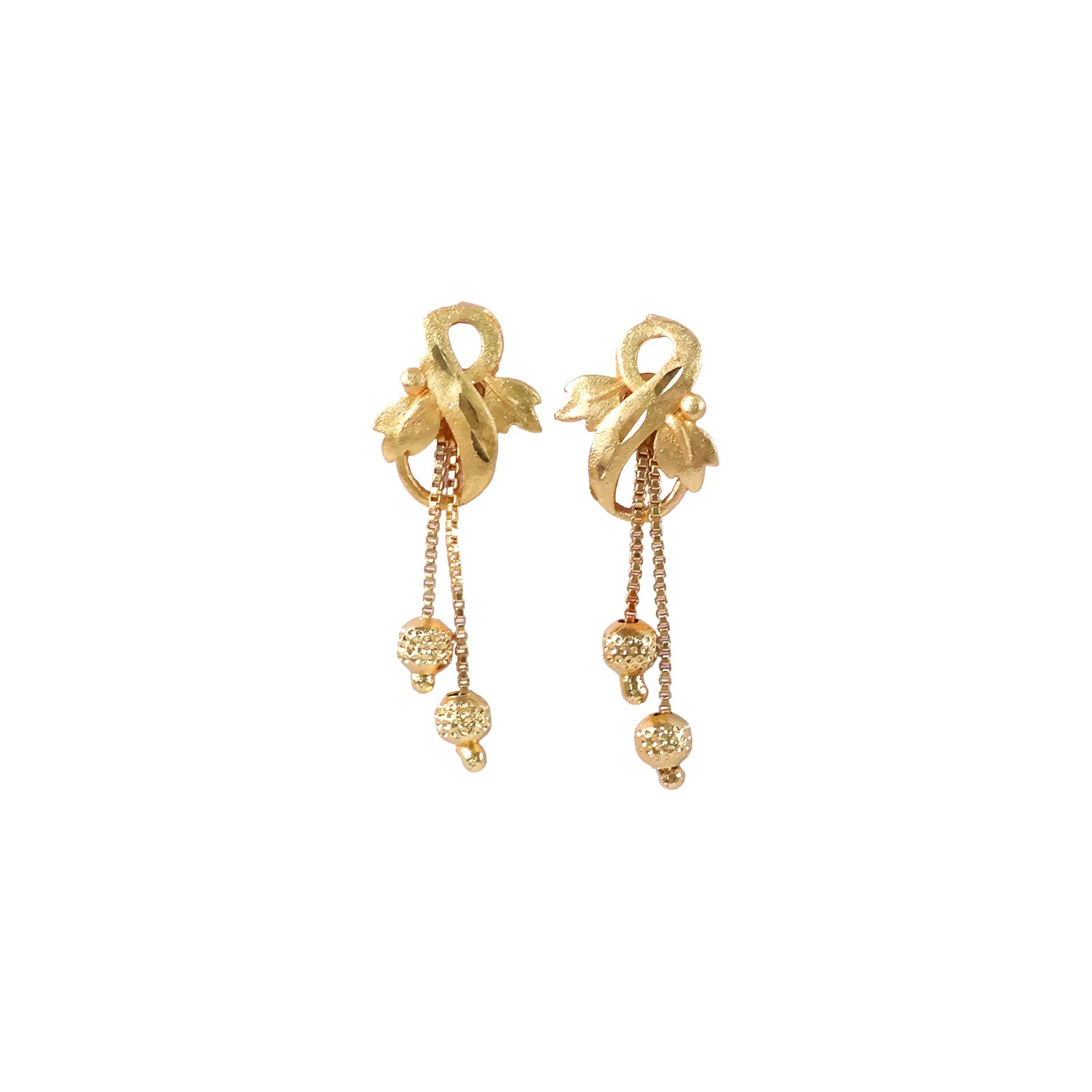 Regal Botanical Motif Gold Drop Earrings with Cascading Chain Bead Accents - Image 5
