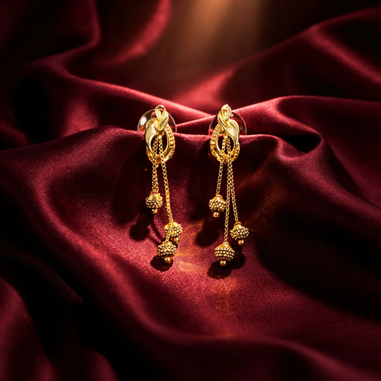 Regal Floral Gold Drop Earrings with Cascading Chain Bead Statement Design (2 Pair) - Image 2