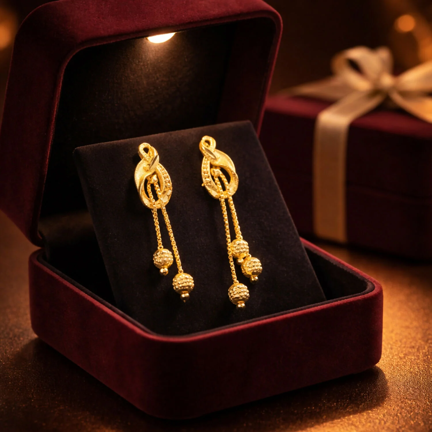 Regal Floral Gold Drop Earrings with Cascading Chain Bead Statement Design (2 Pair) - Image 3