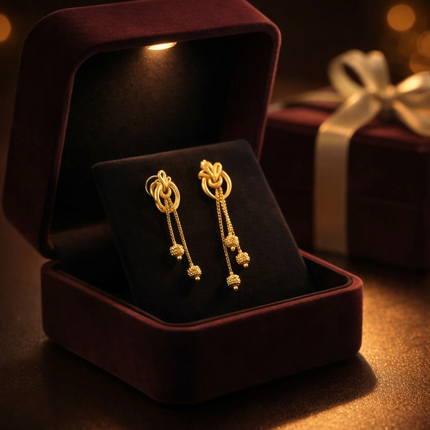 Regal Floral Gold Drop Earrings with Cascading Chain Bead Statement Design (2 Pair) - Image 4