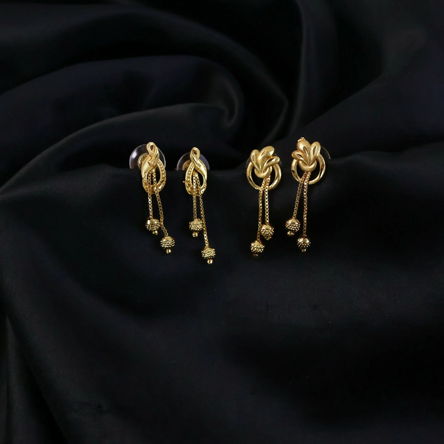 Regal Floral Gold Drop Earrings with Cascading Chain Bead Statement Design (2 Pair) - Image 5