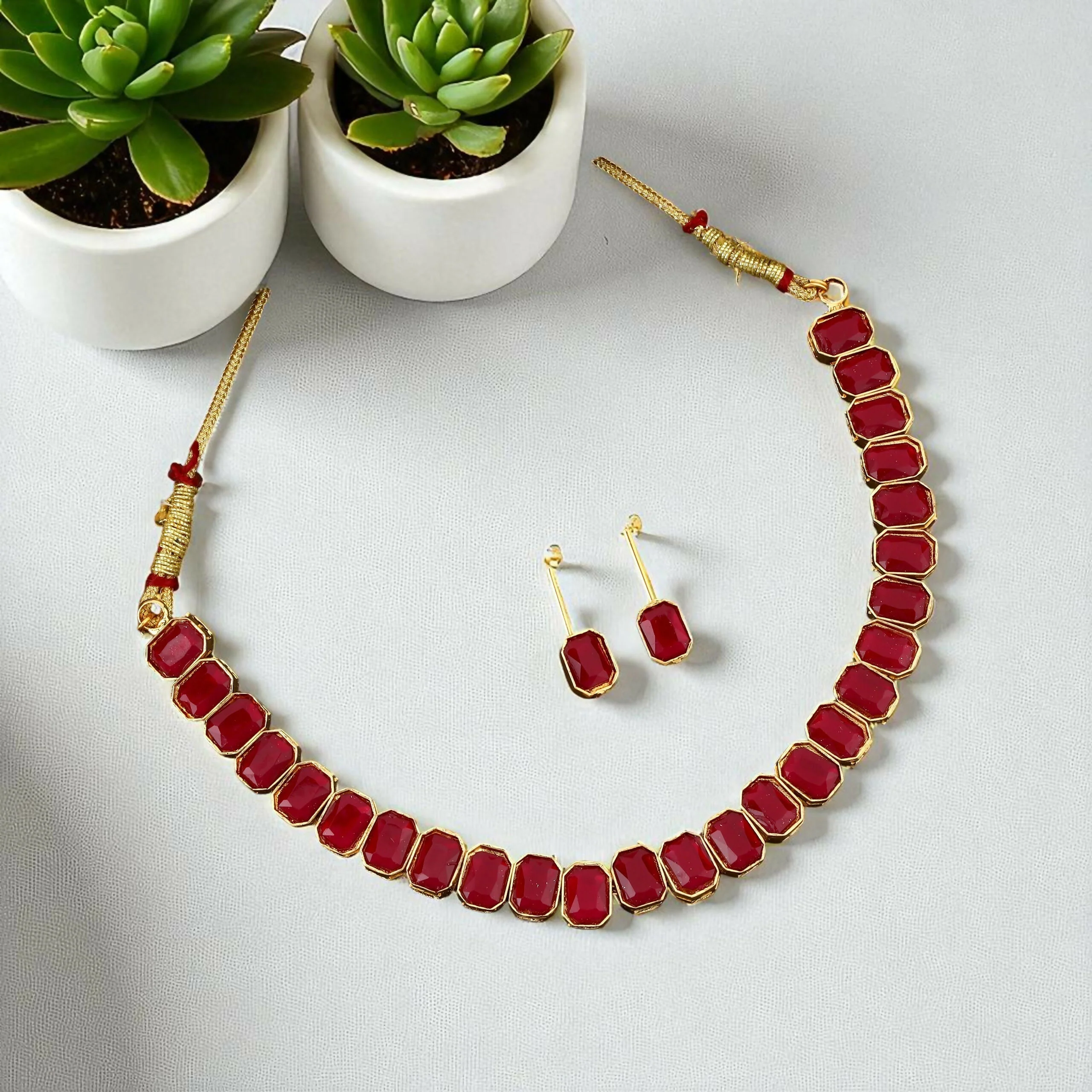 Regal Gold-Toned Choker Set with Ruby/Maroon Stones - Image 3
