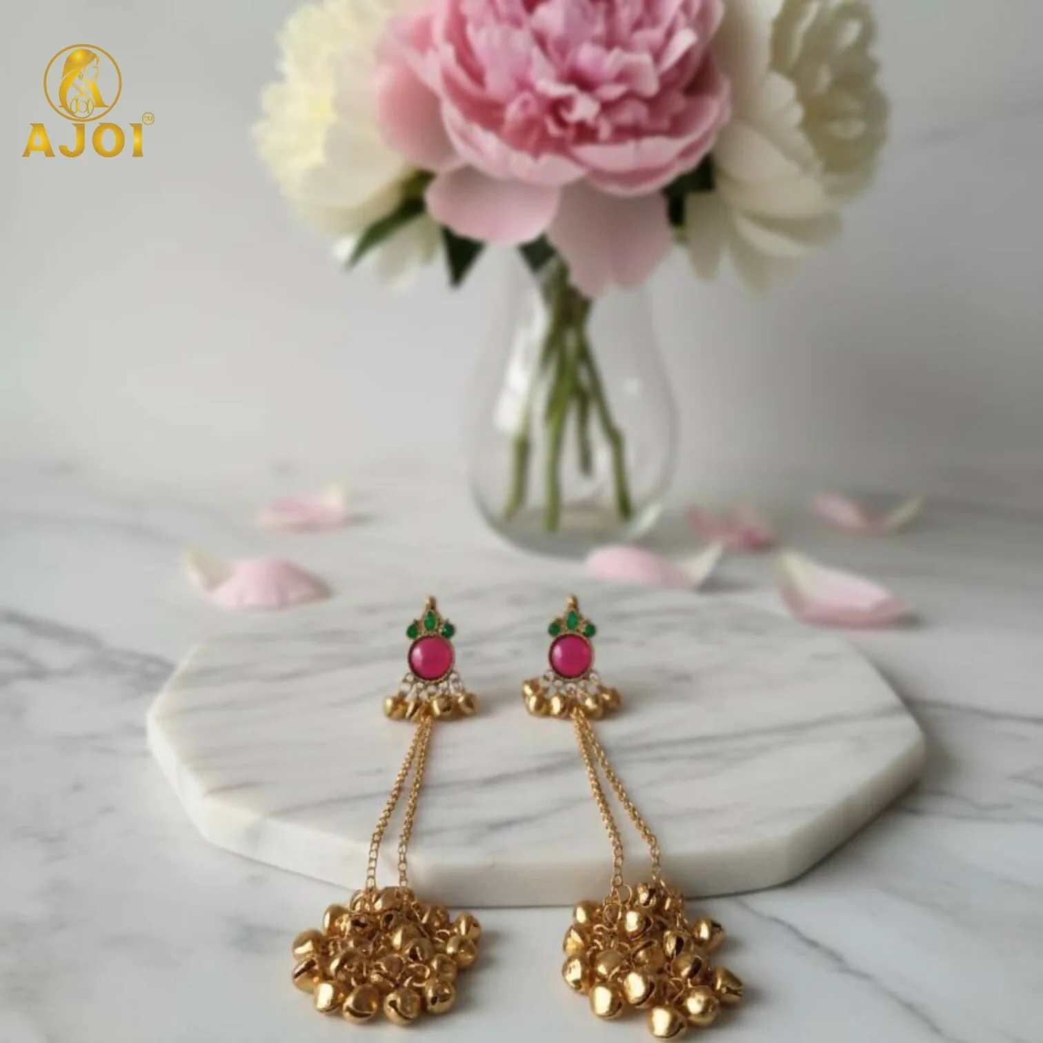 Regal Kashmiri Ghunghroo Danglers with Pink Chip Detailing - Image 5