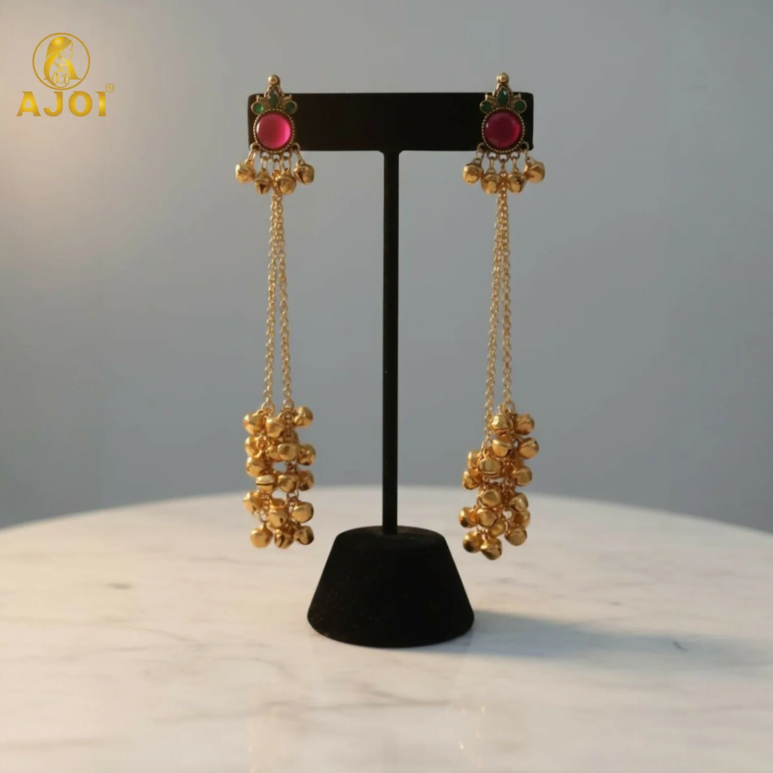 Regal Kashmiri Ghunghroo Danglers with Pink Chip Detailing - Image 7
