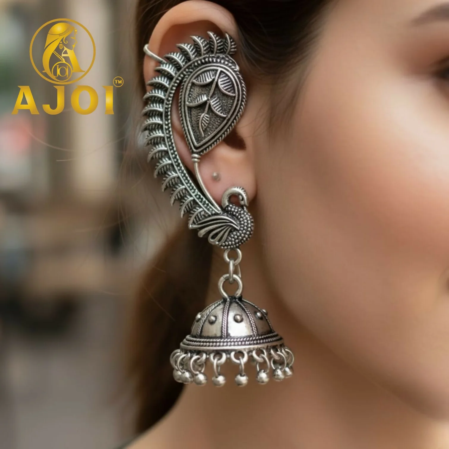 Regal Peacock Jhumka Silver Earrings - Image 2