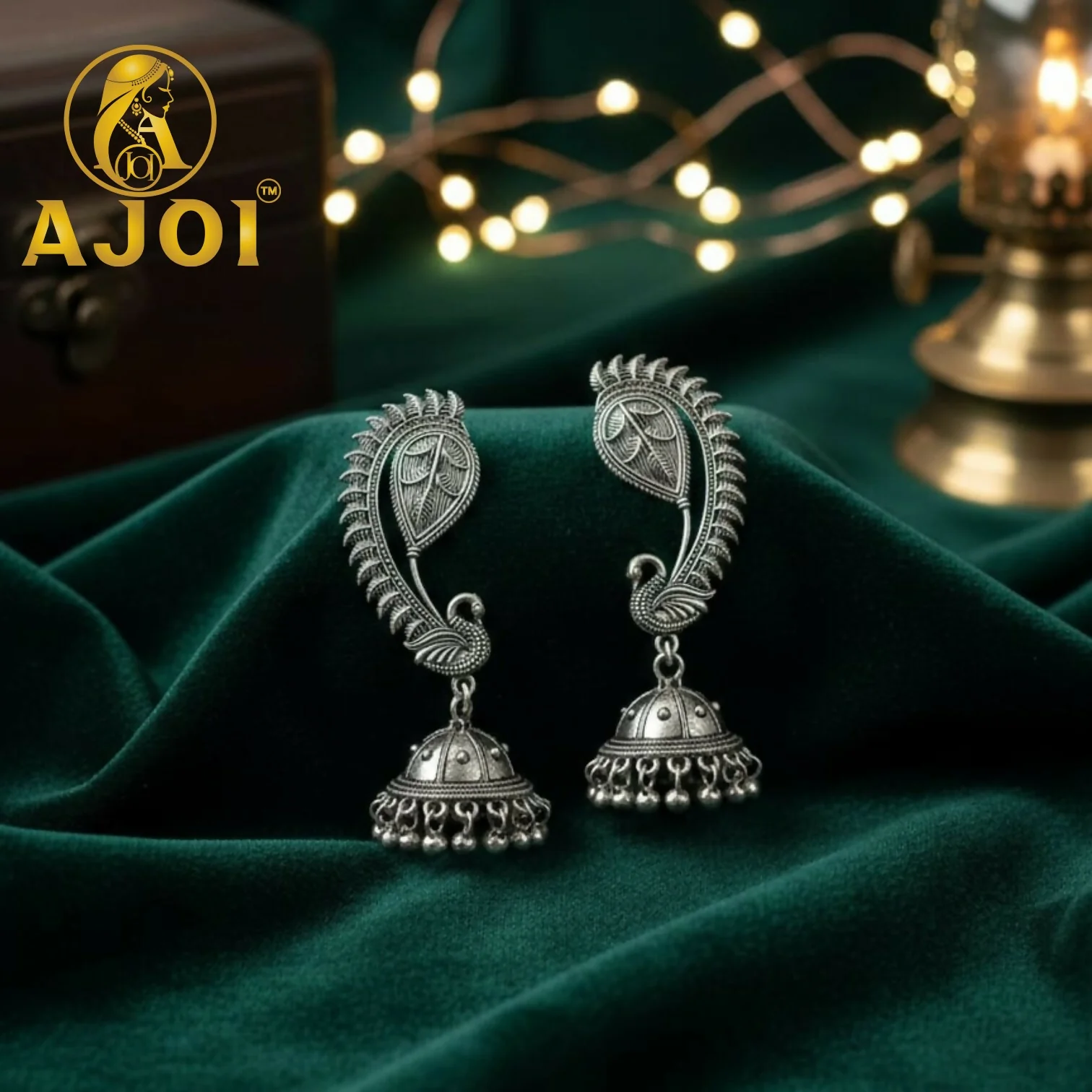 Regal Peacock Jhumka Silver Earrings - Image 3