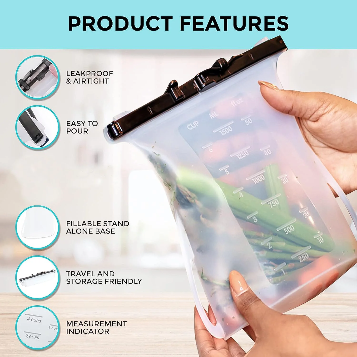Reusable Silicone Food Storage Bag Leakproof Flat Bottom Freezer 1 Pc - Image 9