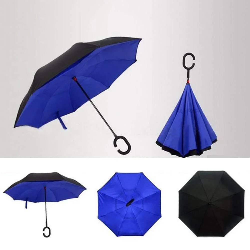Plain design Windproof Upside Down Reverse Umbrella with C-Shaped Handle - Image 3