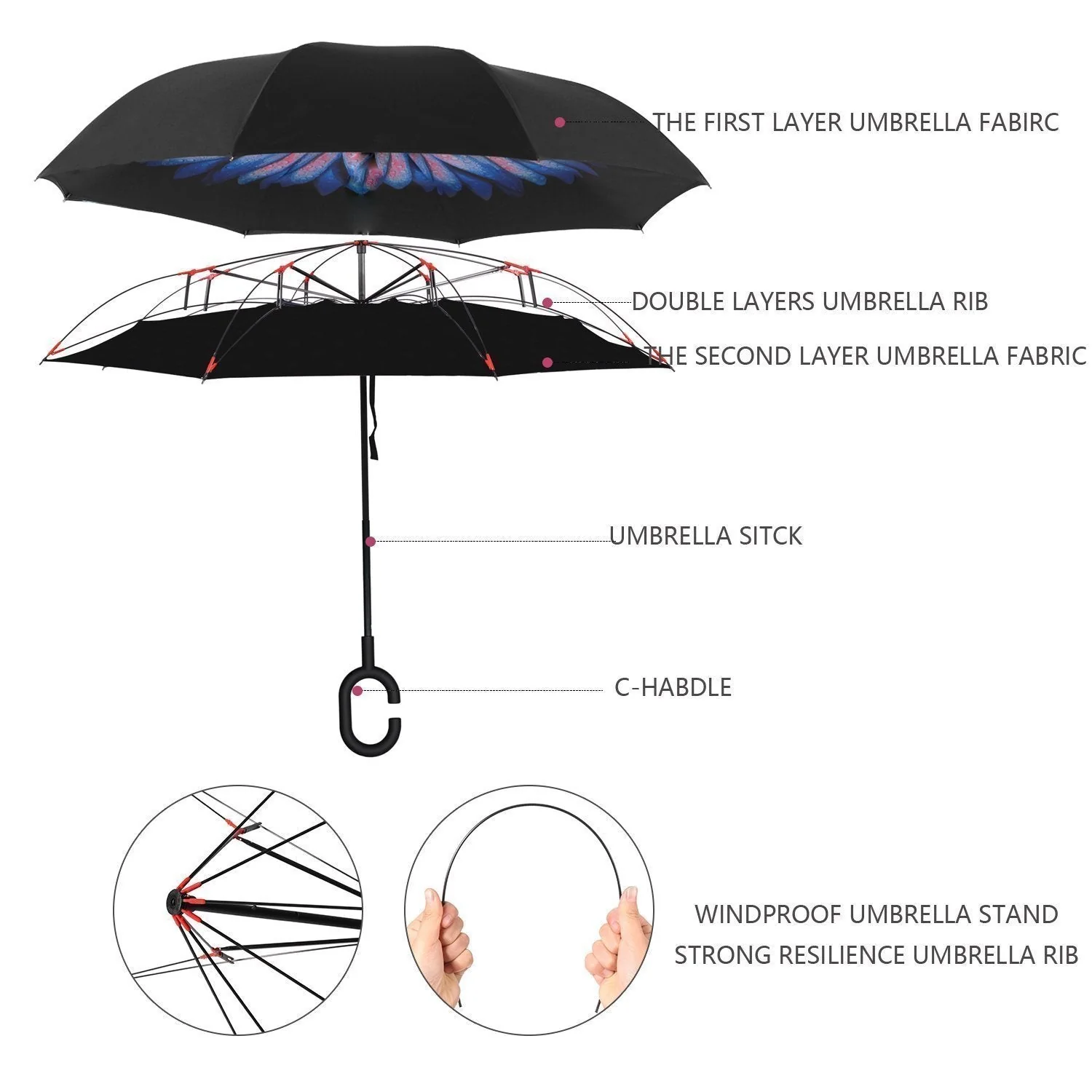 Plain design Windproof Upside Down Reverse Umbrella with C-Shaped Handle - Image 4