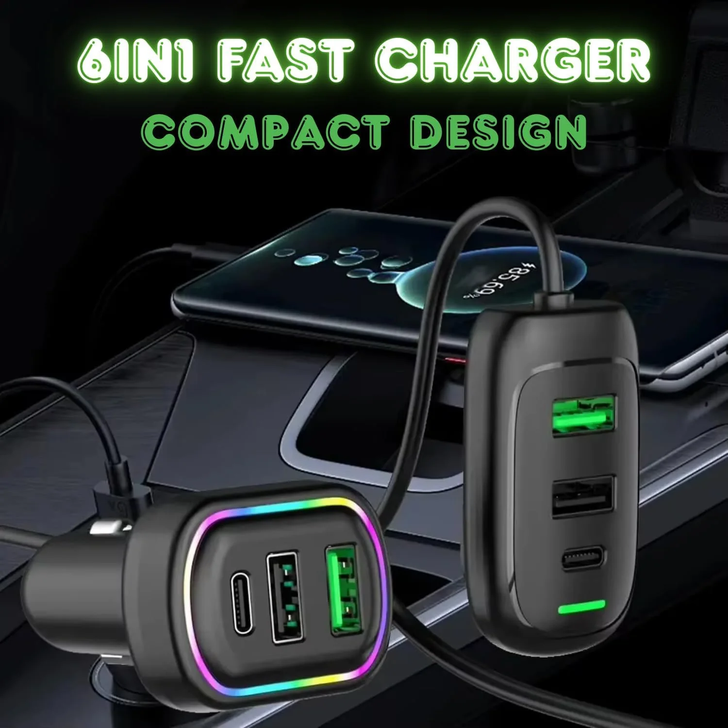 RGB Breathing Light Multi Port Car USB Charger (1 Set, 1.5M) - Image 3