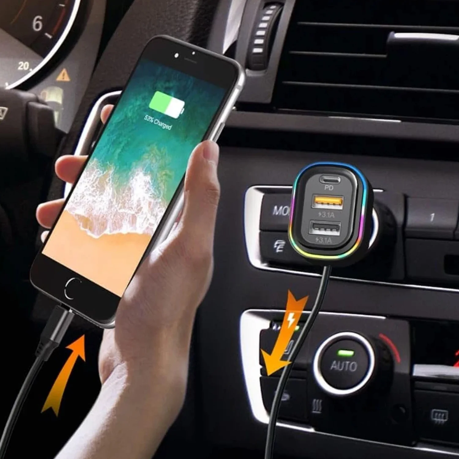 RGB Breathing Light Multi Port Car USB Charger (1 Set, 62 Cm) - Image 3