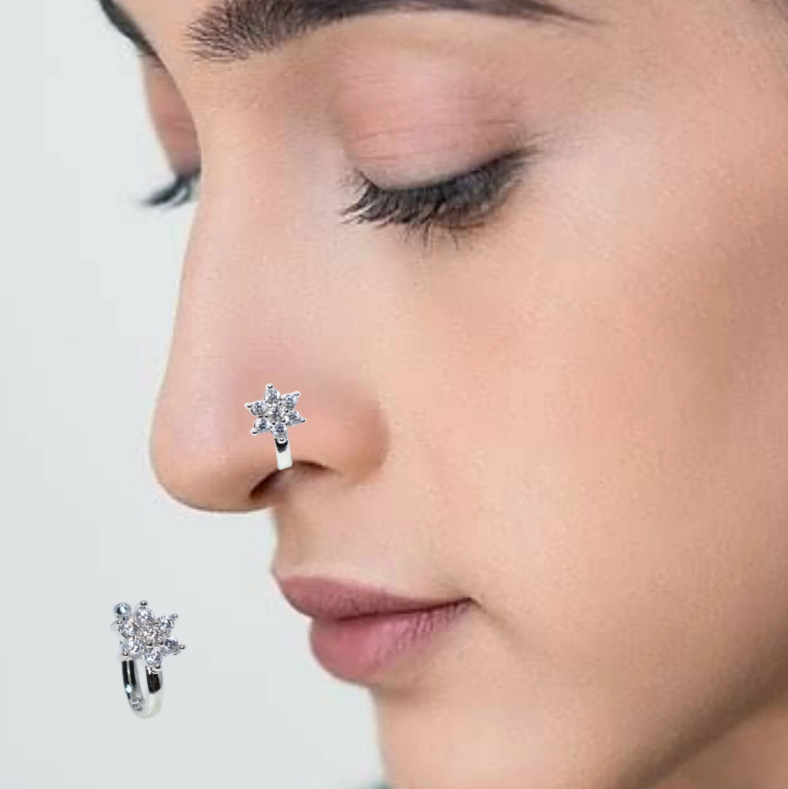 Rhodium Plated Floral Crystal Clip-On Nose Ring Combo Pack of 2 - Image 2