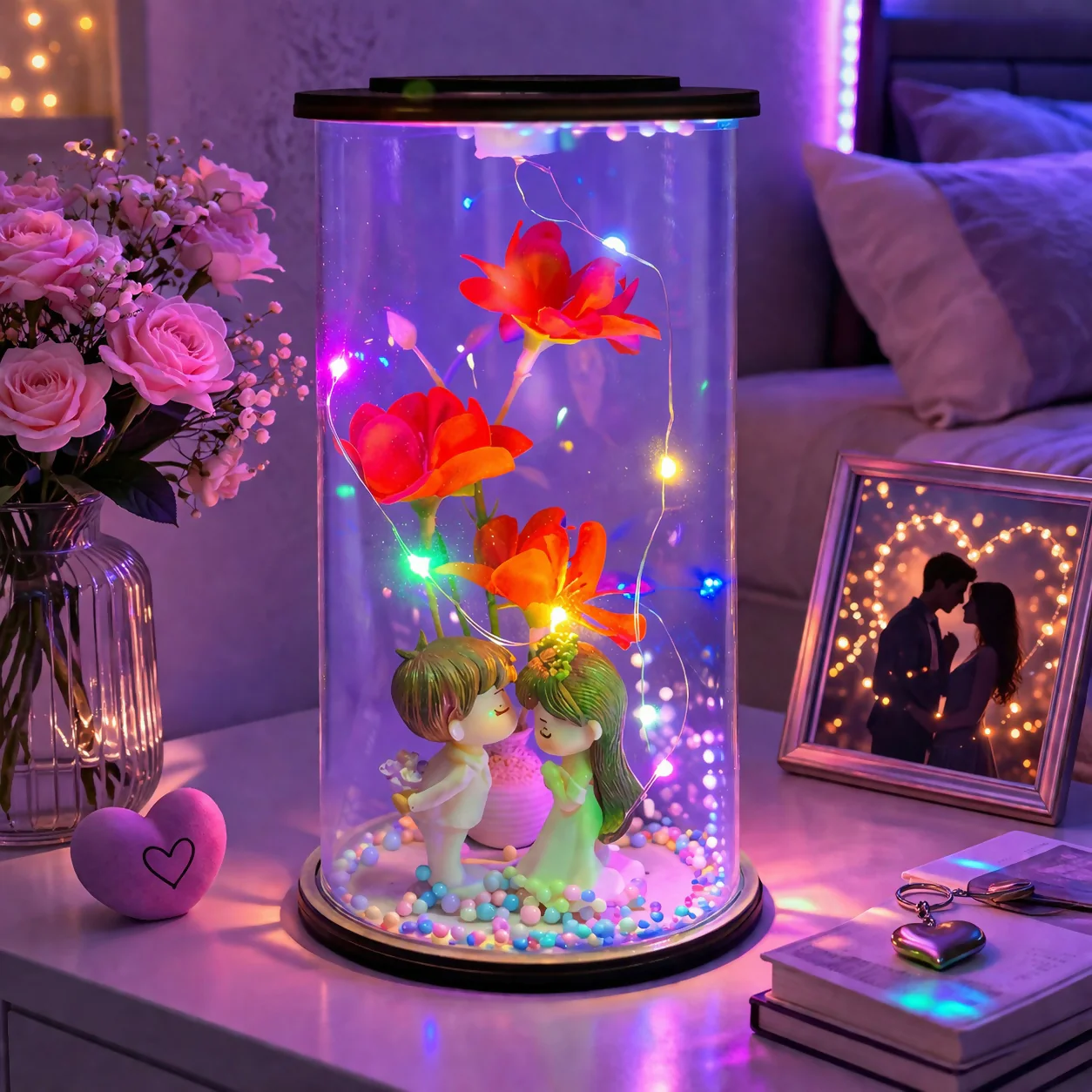 Romantic Couple Flower LED Glass Dome Decorative Night Lamp - Image 2