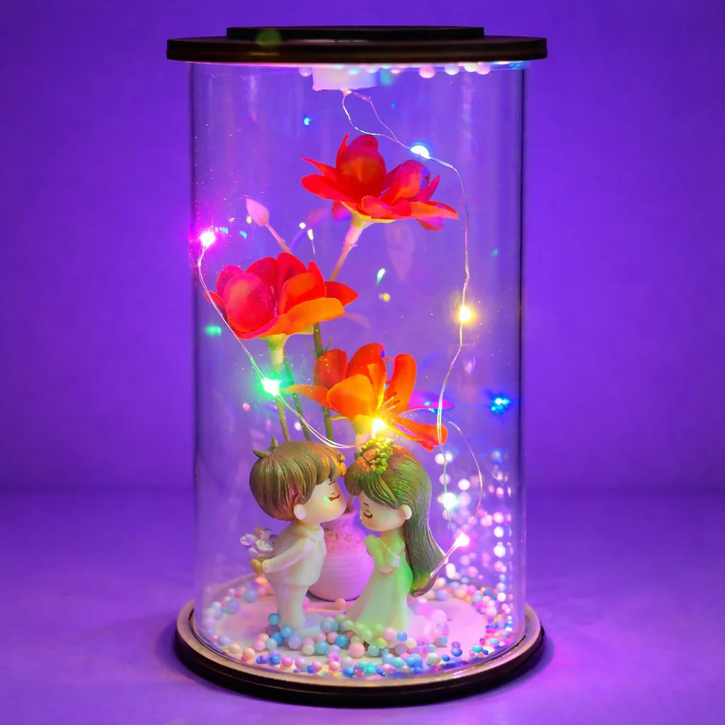 Romantic Couple Flower LED Glass Dome Decorative Night Lamp - Image 3