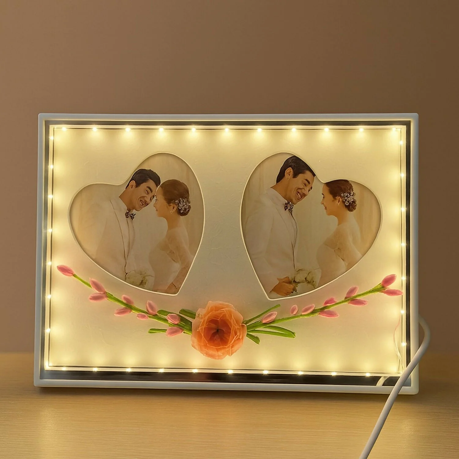 Romantic Dual Heart-Shape LED Light Photo Frame for Couple | Decorative Floral Wedding & Anniversary Picture Frame | USB Powered Warm Light Love Frame for Bedroom, Living Room & Gifting | Premium Couple Photo Display for Home Décor - Image 2