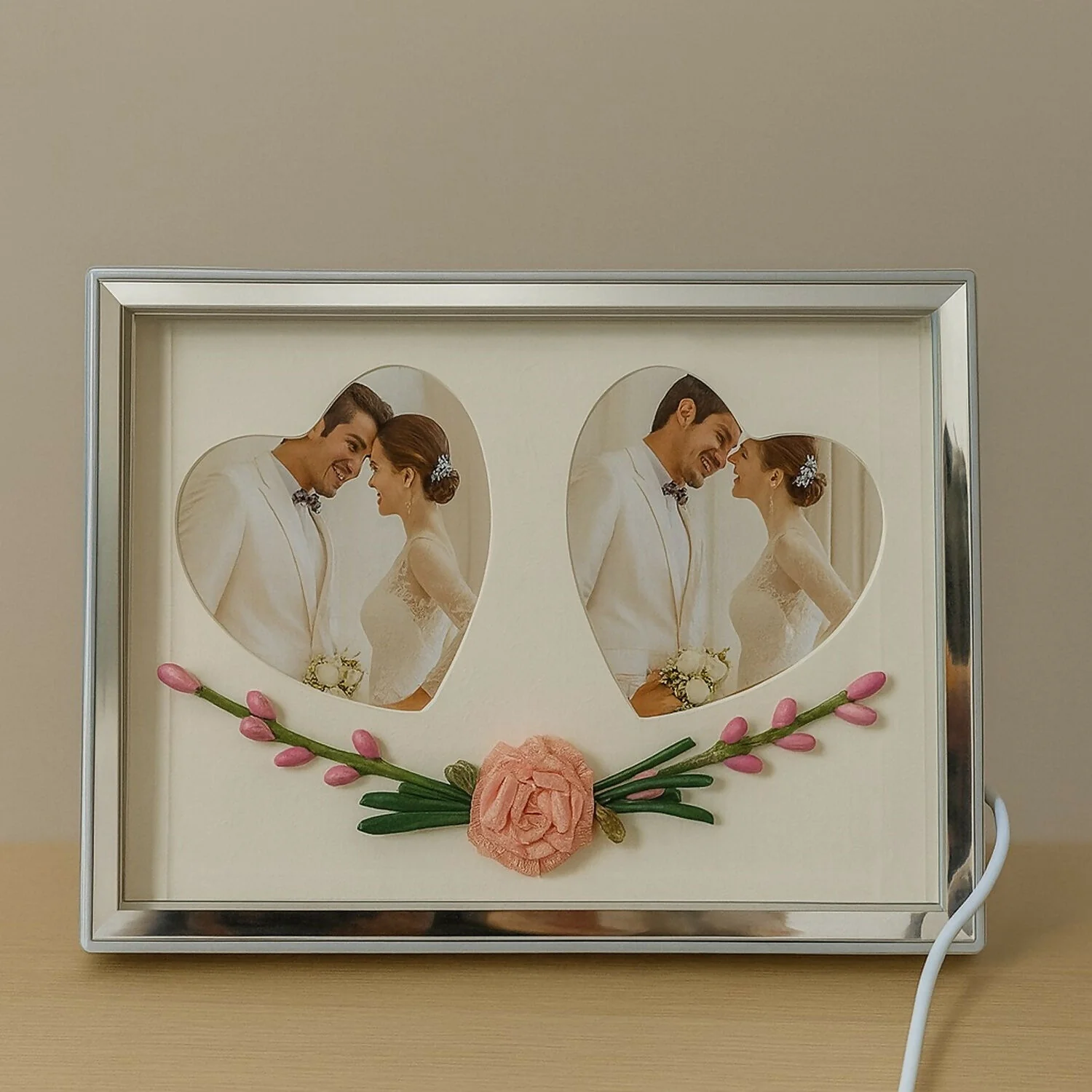 Romantic Dual Heart-Shape LED Light Photo Frame for Couple | Decorative Floral Wedding & Anniversary Picture Frame | USB Powered Warm Light Love Frame for Bedroom, Living Room & Gifting | Premium Couple Photo Display for Home Décor - Image 4