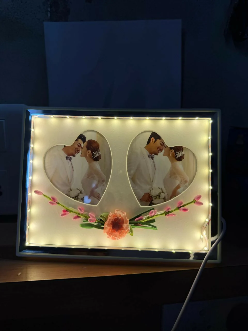 Romantic Dual Heart-Shape LED Light Photo Frame for Couple | Decorative Floral Wedding & Anniversary Picture Frame | USB Powered Warm Light Love Frame for Bedroom, Living Room & Gifting | Premium Couple Photo Display for Home Décor - Image 5