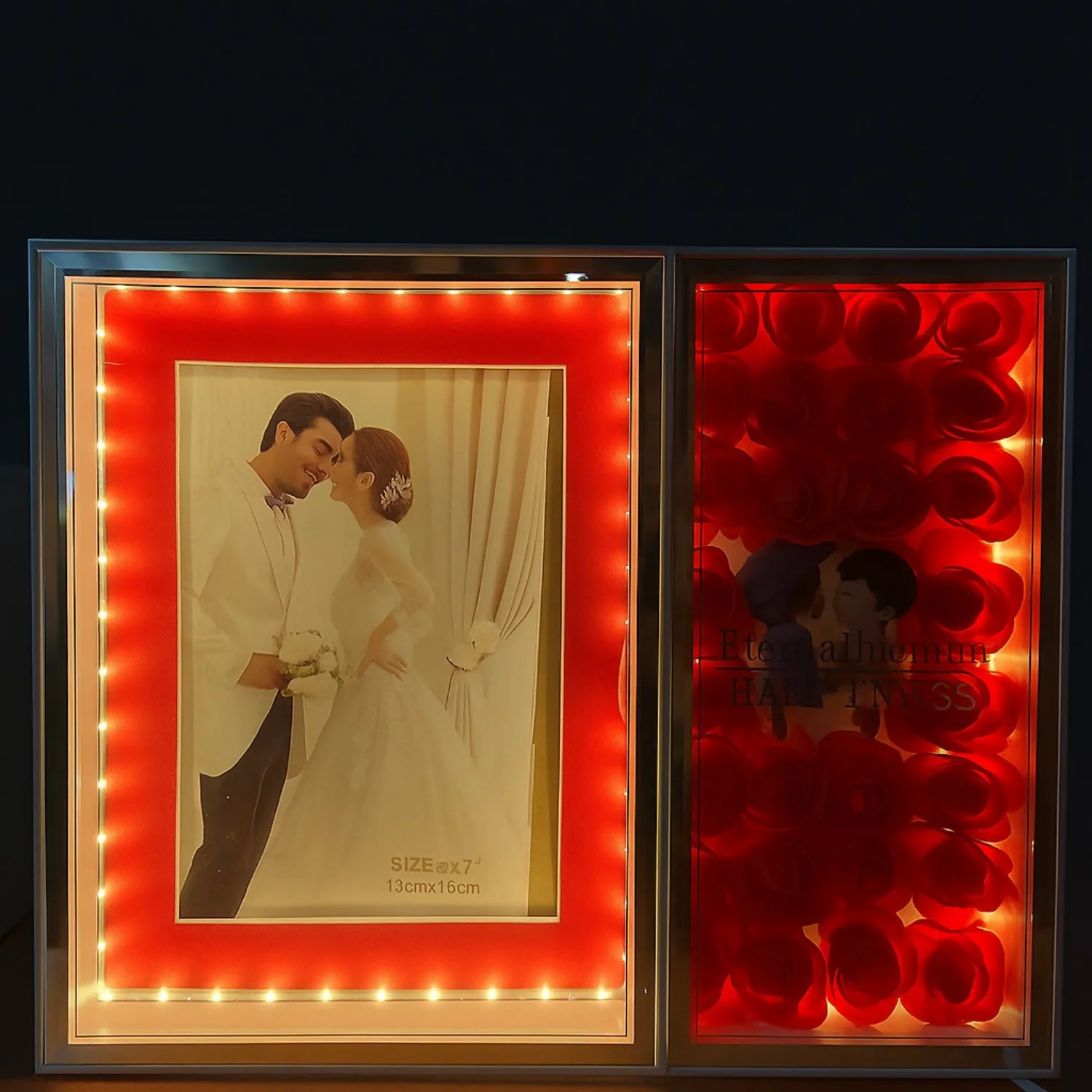 Romantic Dual-Panel LED Photo Frame with Rose Box | Warm Light 5x7 Inch Photo Frame for Couples, Anniversary, Wedding & Home Decor | Illuminated Foldable Love Frame with Artificial Roses – USB Powered Gift for Partner - Image 2