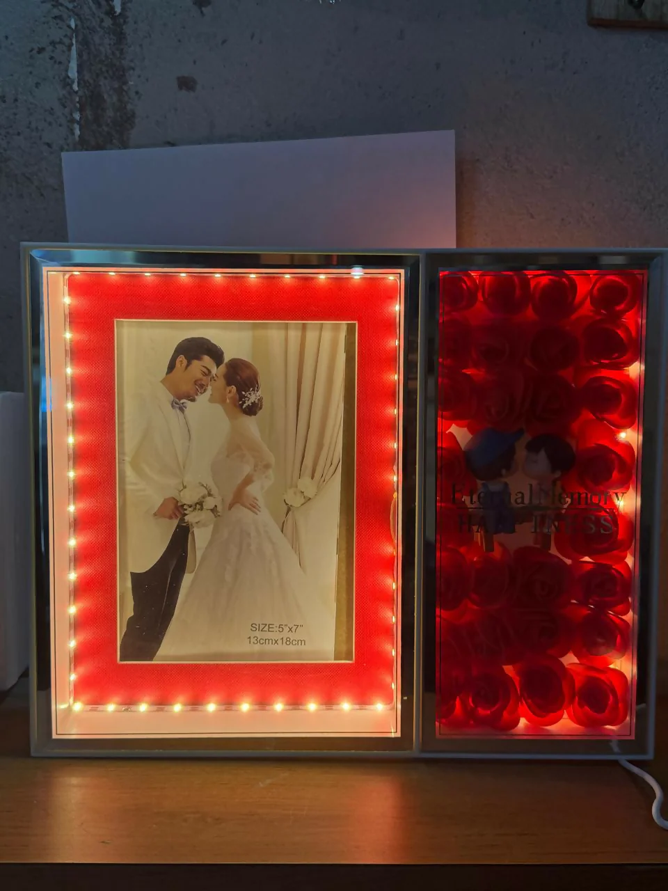 Romantic Dual-Panel LED Photo Frame with Rose Box | Warm Light 5x7 Inch Photo Frame for Couples, Anniversary, Wedding & Home Decor | Illuminated Foldable Love Frame with Artificial Roses – USB Powered Gift for Partner - Image 5
