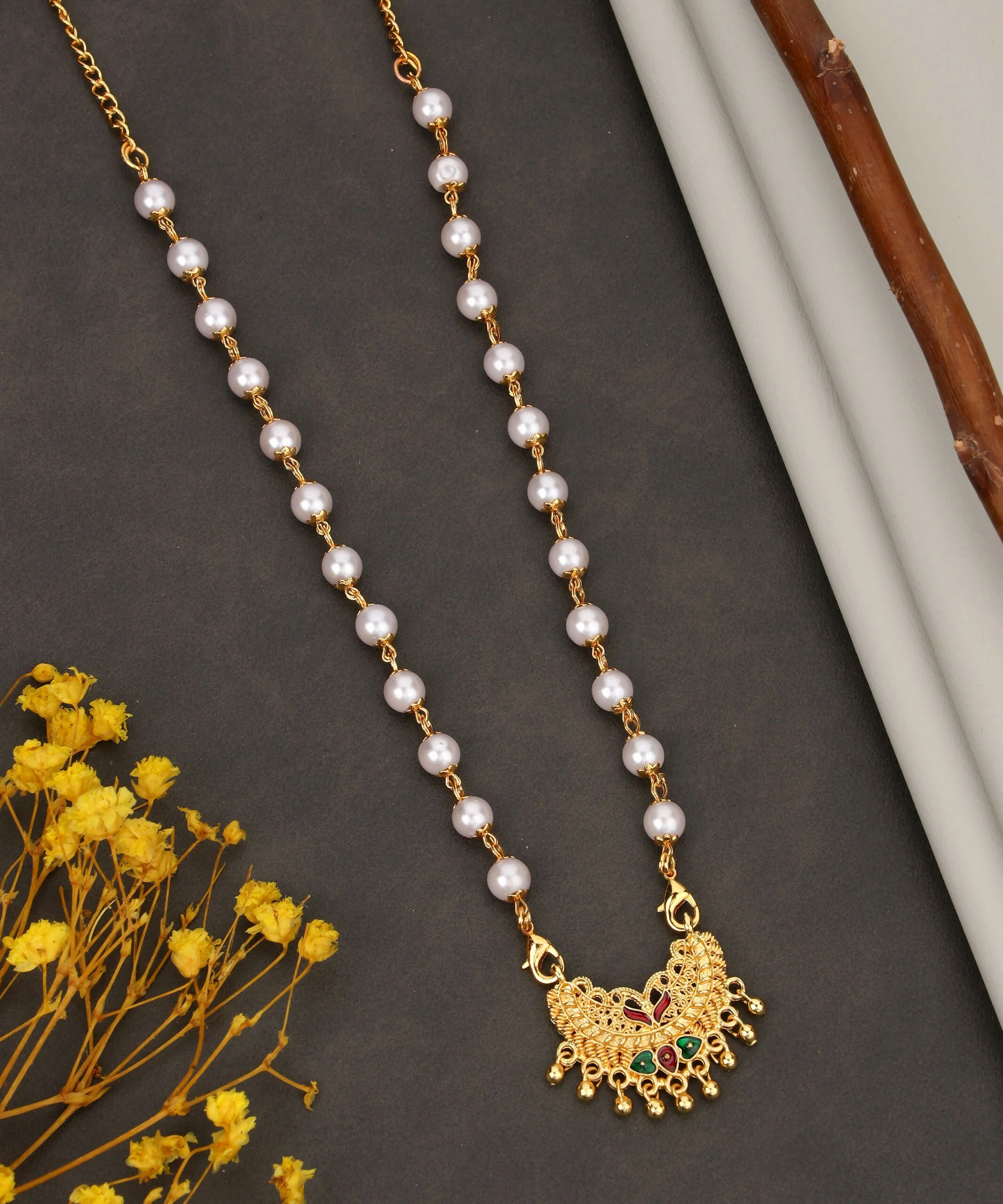 Romantic Gold Ruby Green Mina Work Crystal Heart Necklace Set - Image 3